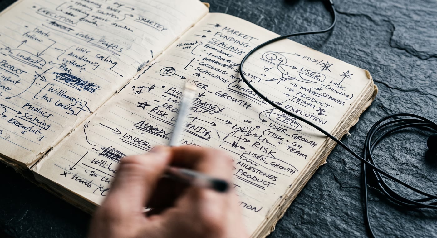 A notebook dense with handwritten notes taken during a founder call