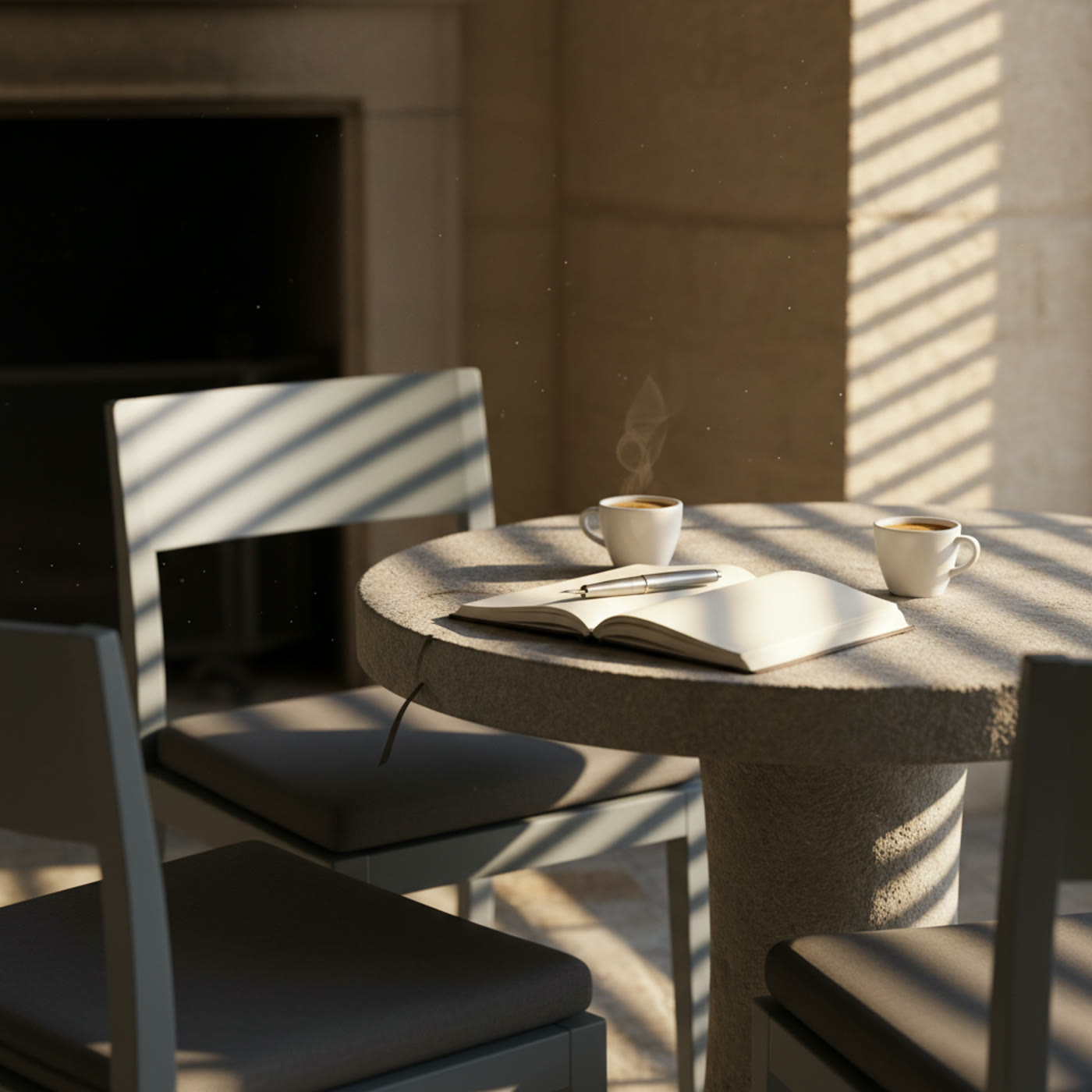 A stone table set for a morning meeting