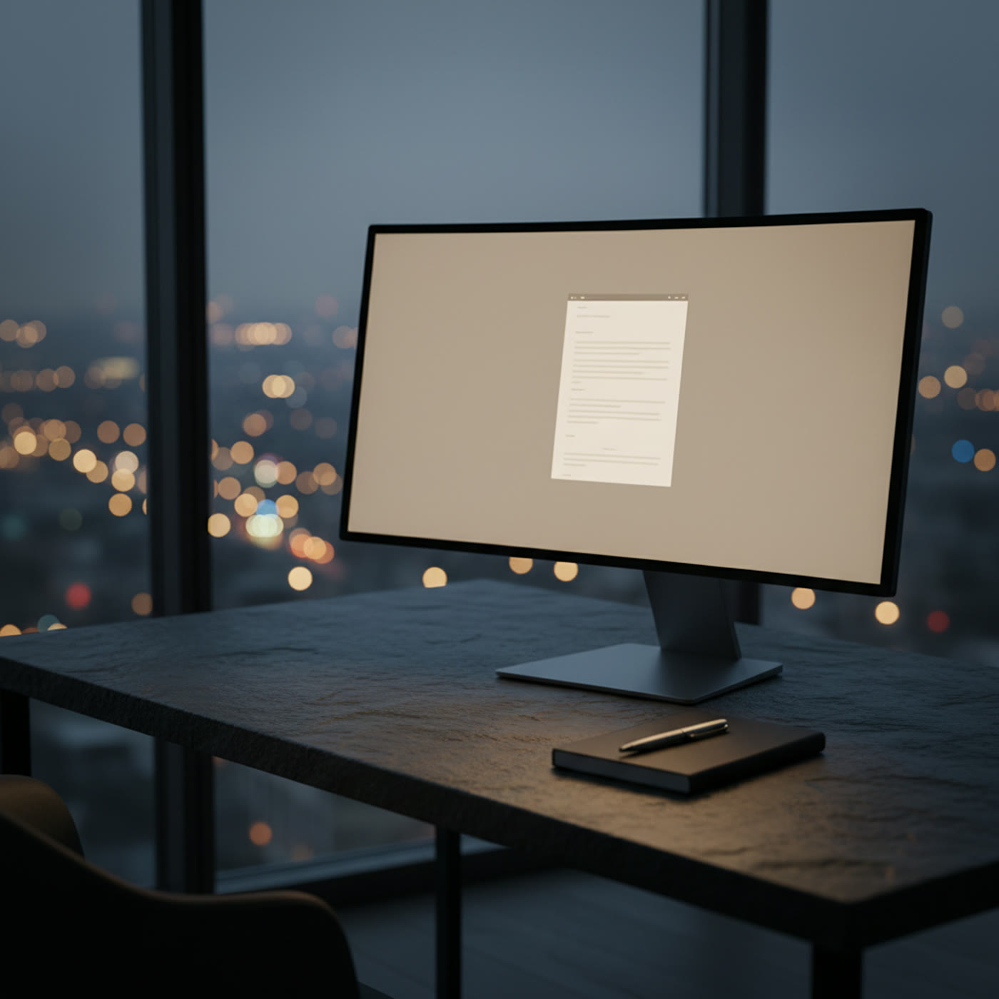 A monitor glowing in a dark office at dusk